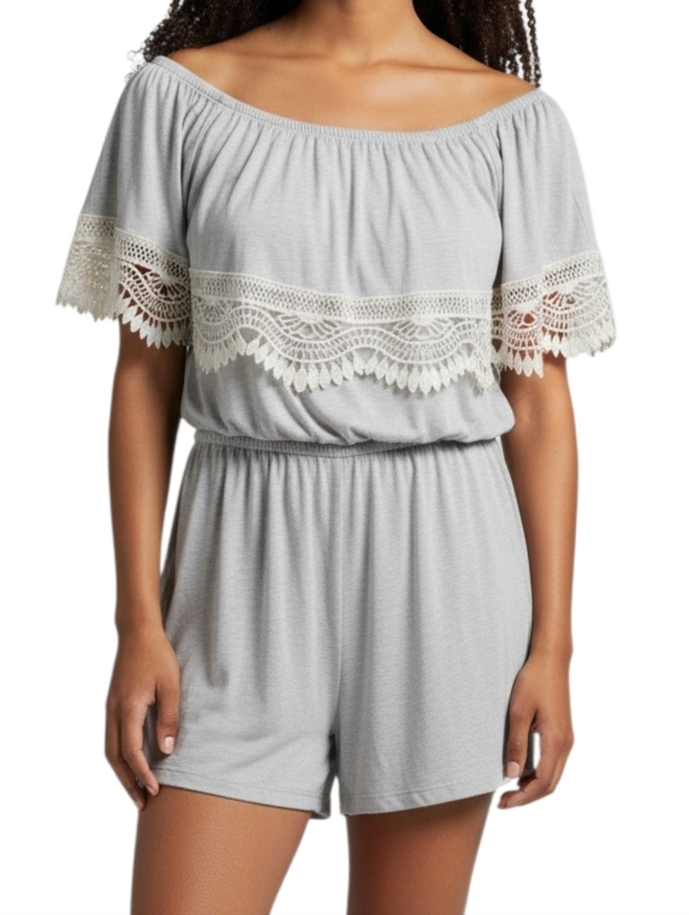 Lovely Melody Light Gray Lace Trim Off-Shoulder Romper